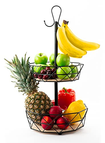 VESTAhome Obst Etagere 2 Etagen - Etagere Obst für mehr Platz auf der Arbeitsplatte - Obstschale Etagere - dekorativer Obstkorb inkl. Bananenhaken