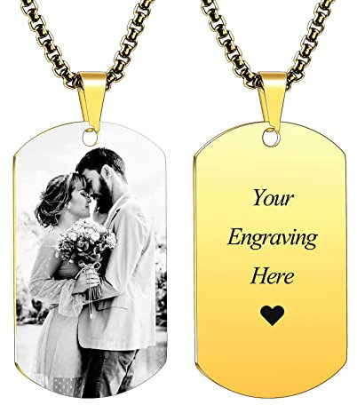 INBLUE Personalisierte Dog Tag Anhänger Halskette Gravur Text/Bilder/Erinnerung Foto Edelstahl Halskette für Männer Frauen Bündel mit Verstellbarer Kette, Schlüsselanhänger, Schalldämpfer(Goldfarben)