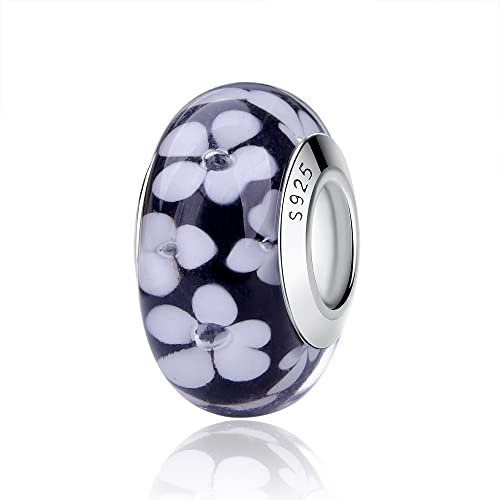 Nbsameng Breloque en Verre de Murano, Charms pour Bracelets et Chaînes pour Femme, Charm en Argent à 925, Breloques Compatibles Pandora, Gnoce et Trollbeads,Fleurs blanches
