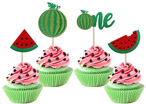 SYKYCTCY 24 Pack Watermelon Cupcake Topper One in a Melon Cupcake Picks Watermelon First Year Birthday Baby Girl First Birthday Party Cake Decorations Supplies