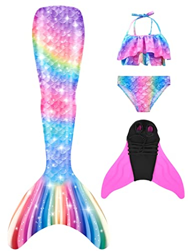 Pyjacos meerjungfrauenflosse mädchen Badeanzug - Meerjungfrau Flosse Bademode mit Bikini Set und Monoflosse Mermaid Tail, 4 Stück Set,pinkseM9-130