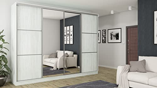 eMeblast - viertüriger Kleiderschrank - 320x244x65cm- Schiebetüren - Schlafzimmer - Wohnzimmer - Garderobenschrank - Kleiderstangen - Schubladen - Einlegeböden Silver Kiefer Anderson mit Spiegel
