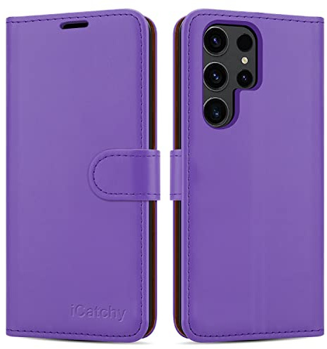 iCatchy for Samsung Galaxy S23 Ultra Case Leather Wallet Book Flip Folio Stand View Phone Cover with Card Slots Compatible with Samsung S23 Ultra 5G 6.8-Inch (Lilac)