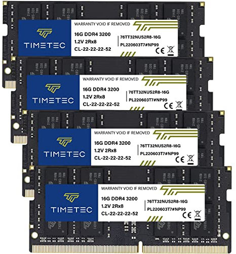 Timetec 64GB KIT(4x16GB) DDR4 3200MHz (DDR4-3200) PC4-25600 Non-ECC Unbuffered 1.2V CL22 2Rx8 Dual Rank 260 Pin SODIMM per AMD e Intel Gaming Laptop Notebook PC Computer Memoria RAM Modulo