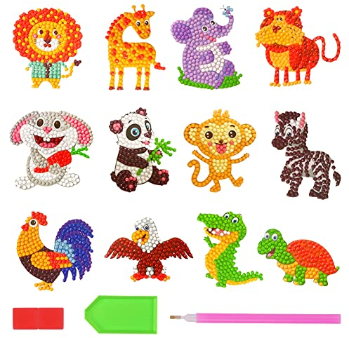 AUAUY 12 PCS Diamant Painting Kinder Set, DIY Diamant Malerei Aufkleber, 5D Diamant Painting Bilder Sticker mit Werkzeug, Niedlich Diamond Painting Bilder für Kinder Spielzeug Geschenke (Tier)