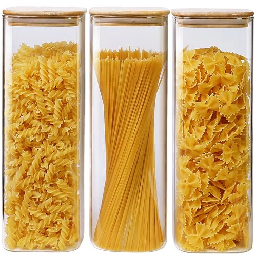 HomArtist Square Glass Jars with Bamboo Lids 79 FL OZ [Set of 3], Glass Canisters with Airtight Lid, Glass Food Storage Containers for Spaghetti, Fettuccine, Linguine,Pasta, Best for Kitchen & Pantry