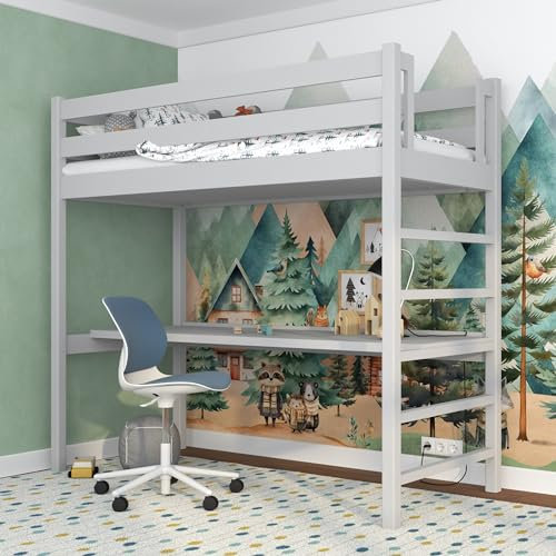 N-Wood N01 Hochbett mit Schreibtisch Holz 100x200 cm, Etagenbett, 2 Leitermontageseiten: Links oder rechts, sichere abgerundete Kanten, Hochwertige und umweltfreundliche Lacke, Grau