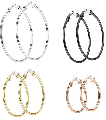 Hoop Ohrringe Clip On Ohrringe Nicht Piercing Ohrringe Set 4 Paar Nicht Durchbohrte Damenohrringe, Großes Creolen-Set, Ohrklipser Ohrclips Mädchen Silber Gold Creolen Set Clip Ohrringe, 30/40/50/60mm