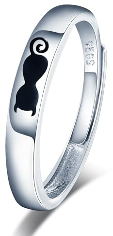 VIKILEE Damen Ringe S925 Sterling Silber Ringe schwarz niedlich Katze Muster einstellbar Größe für Freundin Jahrestag Hochzeit Ringe