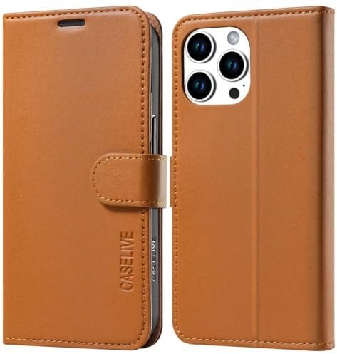 CASELIVE Wallet Case for iPhone 15 Pro, Genuine Leather Case with [Card Holder] [Screen Protector] [RFID Blocking][Shockproof TPU Inner Shell] Kickstand Foli Cover for iPhone 15 Pro 6.1''(Brown)