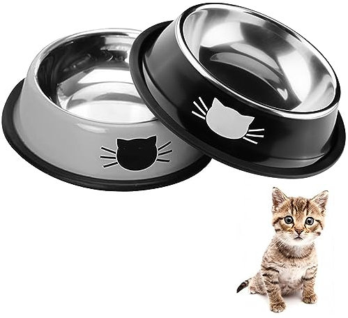 Cat Bowl Set (2-Piece), Stainless Steel Non-Slip Cat Bowl Combination, Suitable for Feeding and Watering Small Animals such as Puppies, Hamsters, Rabbits, etc (Black + Grey)