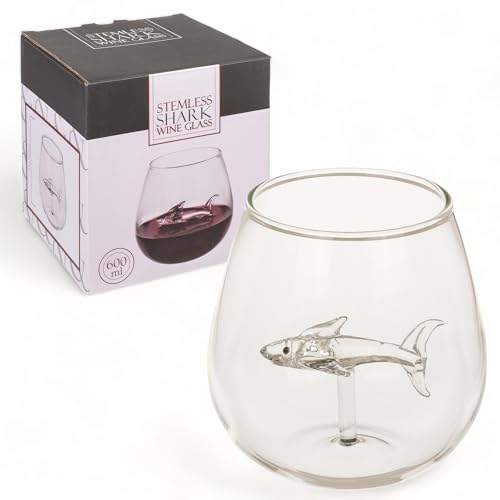 MIJOMA Stielloses Weinglas mit Haifisch im Inneren, eleganter Design-Hingucker, hochwertiges Cocktailglas, Genuss in stilvollem Ambiente, für außergewöhnliche Weinliebhaber, 600 ml, 7,5 x 10,5 cm