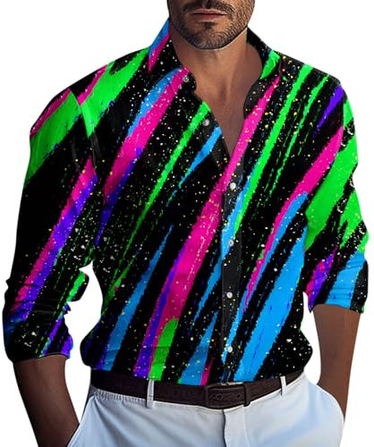 RMBLYfeiye Merino Shirt Herren Tshirt Hemden Bügelautomat Revers Neon Druck Strandhemd Langarm Knopfleiste Bequem Bügelfrei Hemd Set