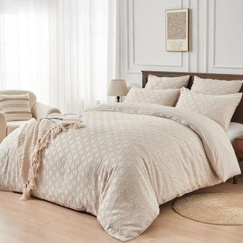 YASMENG Boho Bettwäsche 155x220 Beige Getuftet Geometrisch Bettwäsche Boho Böhmisch Aesthetic Modern Weiche Mikrofaser Bettbezug Set 3 Teilig mit Reißverschluss und 2 Kissenbezüge 80x80 cm