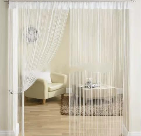 AuraHome® Retro Tassel Door Curtain Fly Insect Bug Screen Plain White String For Doorways 90cm (W) x 200cm (H) Tab Top for Poles Add Together to cover Patio Doors Privacy & Tangle Free