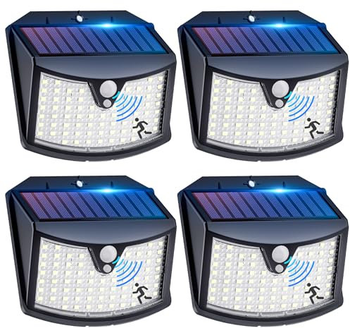Faretti Solari a LED da Esterno【4 Pezzi】, 3 Modos Luci Solari da Giardino con Sensore di Movimento, IP65 Impermeabile Lampade Led da Esterno per Giardino, Parete, Garage, Davanti alla Porta