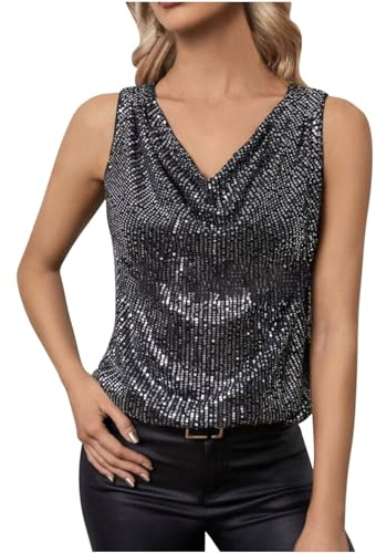 Camisetas sin Manga Mujer Verano Lentejuelas Moda Color sólido Fiesta Club Casual Camisola Camisetas de Tirantes Cuello en V Elegante Vestidos de Noche Viste Tops Camisa Suelto tee 2024