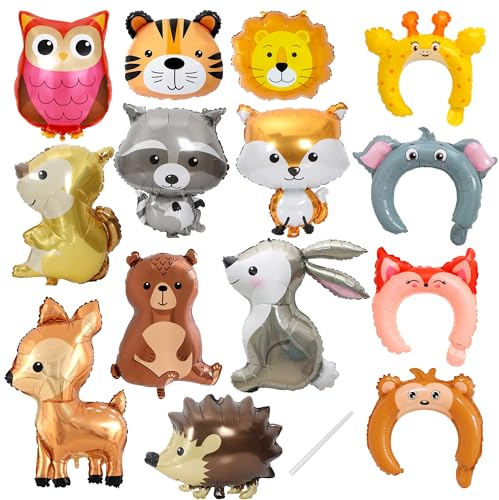 Waldtiere Geburtstag Deko Folienballon - 10 Stück Tiger Löwe Fuchs Igel Hirsch Eule Eichhörnchen Hase Luftballons mit 4 Stirnband Tier Ballon, Kindergeburtstage Requisiten für Jungen Mädchen