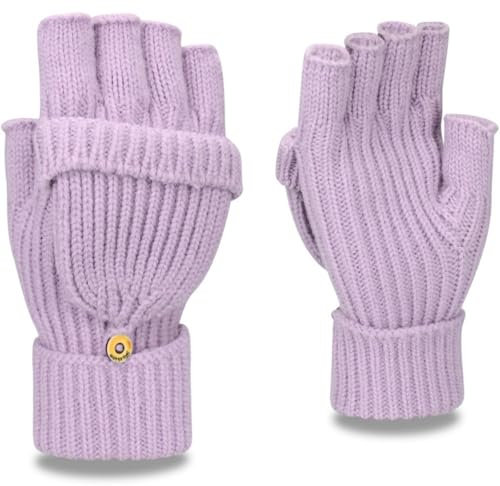 Yaopelky Fingerlose Winterhandschuhe für Damen und Herren, halbe und volle Glitzer-Strick-Fäustlinge Daumen mit Kappe, wandelbarer Thermo-Fäustling, violett, One Size for most adults
