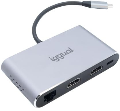 iggual – Hub USB-C con 8 Puertos, Adaptador USB C con 2 Puertos HDMI 4K y FHD, 1 USB 3.0 y USB 2.0, 1 Puerto RDJ45 Fast Ethernet, 1 Puerto para Tarjeta SD (SS, HC, XC) y Micro SD y 1 Puerto Tipo C