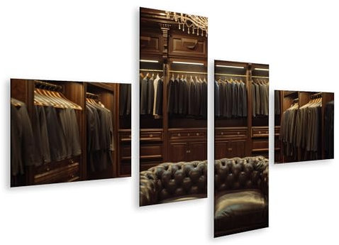 islandburner Bild auf Leinwand Luxuriöser begehbarer Kleiderschrank mit eleganten Holzregalen voller Anzüge Jacken und stilvollem Ledersofa Bilder Wandbilder Poster