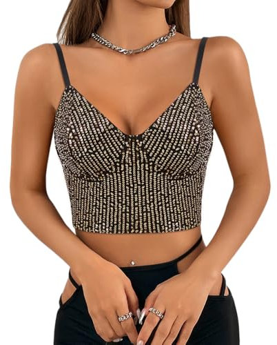 Segreto Damen Glitzer Pailletten Tanktop Ärmellos Spaghettiträger Sexy Crop Top Trägertop Festival Party Club Metallisch Gold Camisole