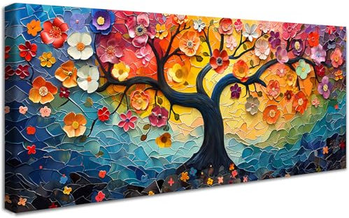 Mit Rahmen Leinwand Bilder Hippie Bunter Lebensbaum Bild auf Leinwand Malerei Poster Kunstdrucke Abstrakt Blütenbaum Bild Wandbilder Heim Restaurant Wohnzimmer Schlafzimmer Wanddeko 50x120cm
