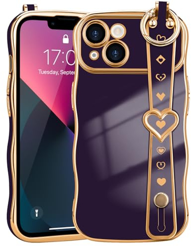 LLZ.COQUE for iPhone 13 Case with Strap Cute Love-Heart, Curly Wave Frame Luxury Plating for Women Girls Cover, Shockproof Anti-fall Silicone Phone Case for iPhone 13, Dark Purple