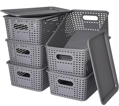 Grey Stackable Storage Boxes With Lids - 6 Pack, Small Bins for Bathroom & Kitchen, Organiser for Shelves, Drawers & Desktop