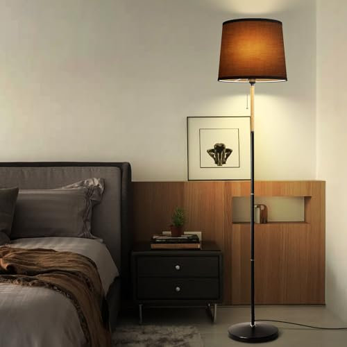 Clevich Stehlampe Wohnzimmer, Stehleuchte E27 Fassung Max. 60W, 170cm Standleuchte mit Leinen-Lampenschirm für Wohnzimmer, Schlafzimmer, Büro, Hotel, ohne Leuchtmittel (MTS-001-Schwarz)