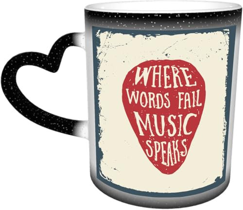 DOHXQM Coffee Mugs,Colour Changing Mug 11oz,Ceramic Heated Novelty Coffee Cup of,Funny Mugs for Men,Friends and Lover.,Rock Music,Where Words Fail Music Speaks Quote Musical Slogan Hand Drawn Pic