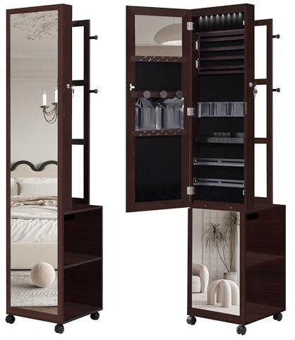 Hzuaneri Schmuckschrank, Spiegelschrank, stehender Schmuck-Organizer mit 1 Kleiderständer, 3-stufige Ablageflächen mit 4 Kleiderhaken, Braun JC17019B