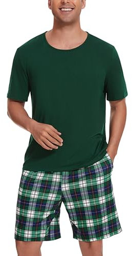 Uniexcosm Pyjama Homme Court Coton Ensemble Pyjama Homme Short Col Rond Manches Courtes Pyjama Haut et Bas Homme Ete avec Poches Latérales A-Vert Foncé 3XL