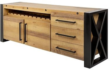 Licht-Erlebnisse Sideboard Holz Pinie Eisen 195 x 76 cm (BxH) groß mit Schubladen in Natur Schwarz Industrial Design Beistellschrank Wohnzimmer Board
