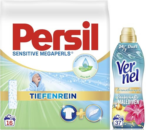 PERSIL Sensitive Megaperls (16 WL) - Waschmittel für Allergiker mit beruhigender Aloe Vera für sensible Haut, effektiv von 20 bis 95 °C & VERNEL Aromatherapie Zauberhafte Malediven Weichspüler (37 WL)