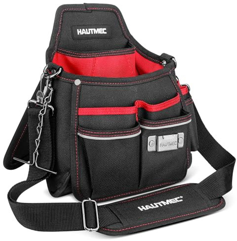 HAUTMEC Electrician Tool Pouch with Kickstand, 14 Pockets, Adjustable Shoulder Strap, Belt Loop, Tape Clip & T-Chain Holder, Heavy-Duty Water-Resistant Tool Bag for Jobsite & DIY, HT0399