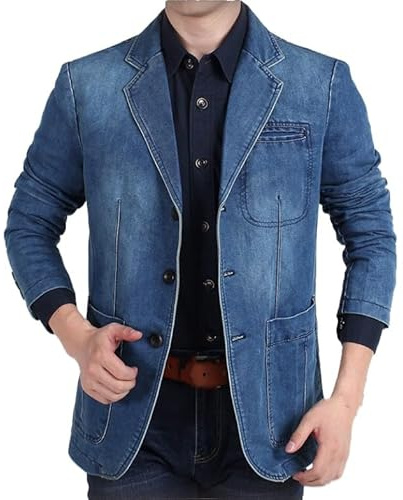 Chaqueta Traje Hombre,Blazer De Mezclilla De Corte Regular para Hombre, Abrigo Informal De Trabajo De Negocios, 3 Botones, Chaqueta De Traje Clásica Retro A Medida con Múltiples Bolsillos, Abrigo