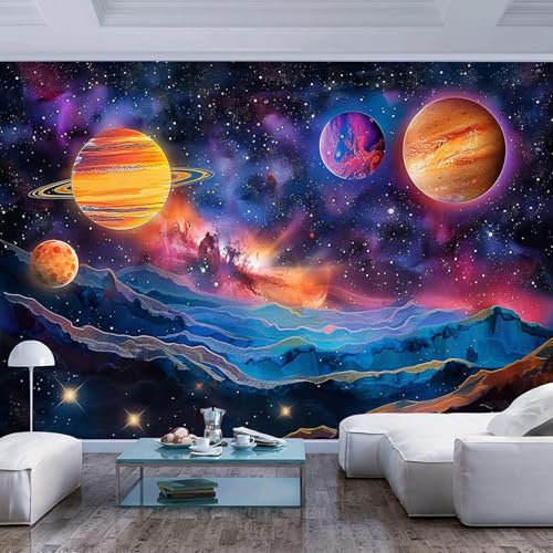 JIAOQSS 3D Photo Wallpaper Wall Art Solar System Planets Universe Blue Pattern Border Image Adults Wear Resistant Covering Decorative Teen Dorm Modern Classroom Decaoration