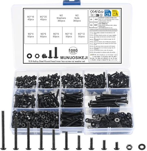 1080 Pz Set di Viti Bulloni e Dadi, M2 Bulloni a Testa Esagonale Tonda, con rondelle, Bullonii a Testa Brugola Nero