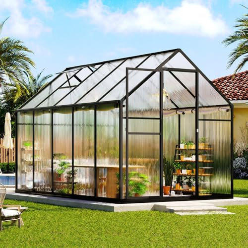 Luxoak Serra in policarbonato e alluminio, 178 × 300 × 192 cm, per giardino/terrazzo, serra con 2 finestre e porta basculante, resistente all'inverno (nero)