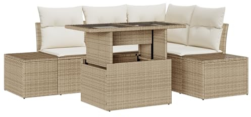 vidaXL 5-teiliges Garten-Sofa-Set mit Kissen in Beige aus Poly-Rattan. Stylisches Sitzen mit Stauraum für draußen, Terrasse und Balkon. Wetterfest, modulares Design – perfekt zum Entspannen.