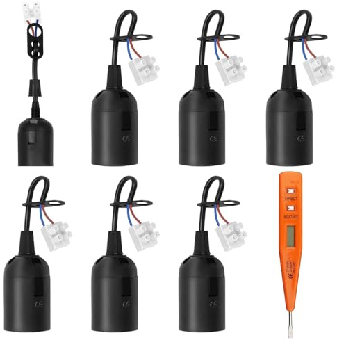 KARELLS 6 PCS Douille E27 avec Fil,Douille de Lampe,Testeur de Tension,socket Chantier E27 avec Pince Enfichable, Noir