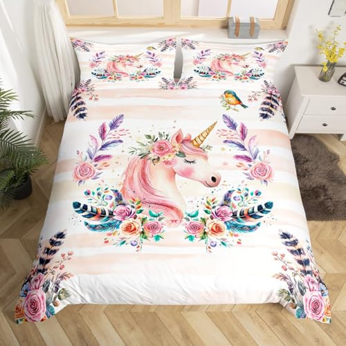 Homemissing Einhorn Mädchen Bettwäsche Set 135x200cm Kawaii Kinder Bunt Blume Pferde Bettbezug Träumig Cartoon Einhorn Motiv Betten Weich Zimmer Dekor Bettwäsche-Set mit 1 Kissenbezug