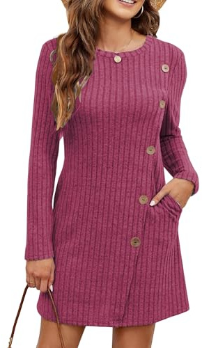 Koerye Donna Maniche Lunghe Vestiti Scollo Rotondo Linea ad A Midi Abito | Invernale Casual Abito in Maglia a Coste Elegante Maglione Pullover Svasato Midi Abito