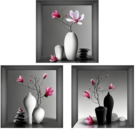 3D Wandsticker Vase Set mit 3 Motiven, Selbstklebende 3D Blumen Wanddekoration für Wohnzimmer, Schlafzimmer, Kinderzimmer, Küche und Bad, 30x30cm Pro Stück, Einfach zu Montieren