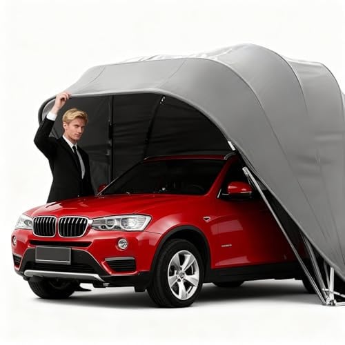 Abri Voiture en Acier Inoxydable, Garage Pliable et rétractable, abri Voiture Mobile Robuste avec Serrure à Combinaison en métal, pour Garage extérieur(6.4x2.8x2.65m)