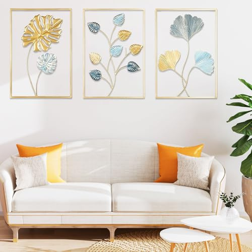 bechoanigel Wanddeko Metall,3 Stück Deko Schlafzimmer,Wanddeko Modern,Wandbild Metall,Bilder Wohnzimmer,wand deko Wohnzimmer,perfekte Deko wohnzimmer Schlafzimmer Küche (Goldene Blätter)