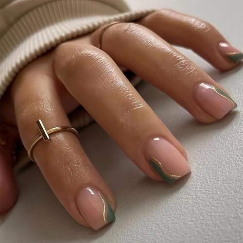 Vesavifaka Press On Nails Short Square 24pcs, Green with Gold Stripes False Nails, Glossy Acrylic Stick On Nails, Jelly Glue On Fake Nails Kit for Women Girls - Nail Art