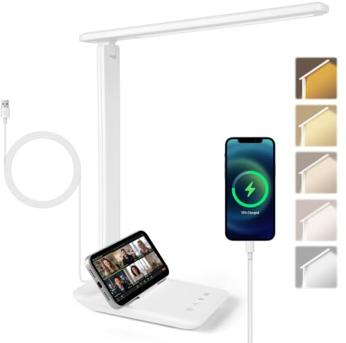 vsshe Schreibtischlampe LED Dimmbar, Tischlampe mit Augenschutz, Desk Lamp mit 5 Farben und 5 Helligkeitsstufen, Touch-Steuerung, Faltbare Leselampe für Kinder, Schlafzimmer, Lektüre, Büros (Weiß)