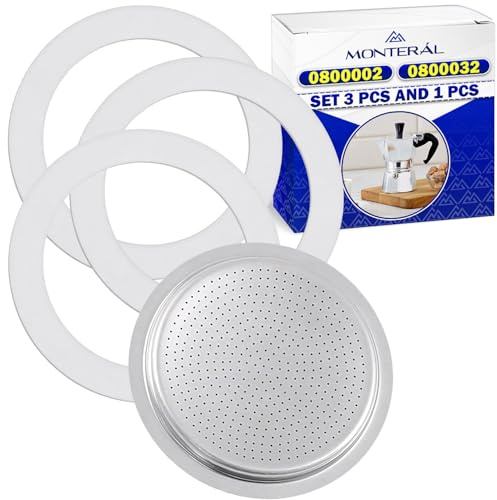 MONTERAL Set di 3 Pz Guarnizione Caffettiera 2 Tazze Ø 56/42 mm e 1 Pz Filtro Ø 45 mm con Codici Originali 0800002 0800032 per Bialetti Moka Express Dama Break Fiammetta Iris Junior Morenita